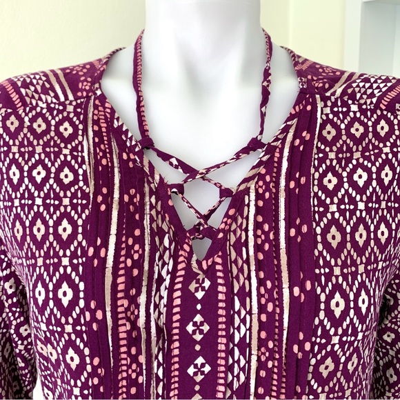 purple and white ikat geometric print flowy 3/4 sleeve tunic dress - Picture 8 of 16